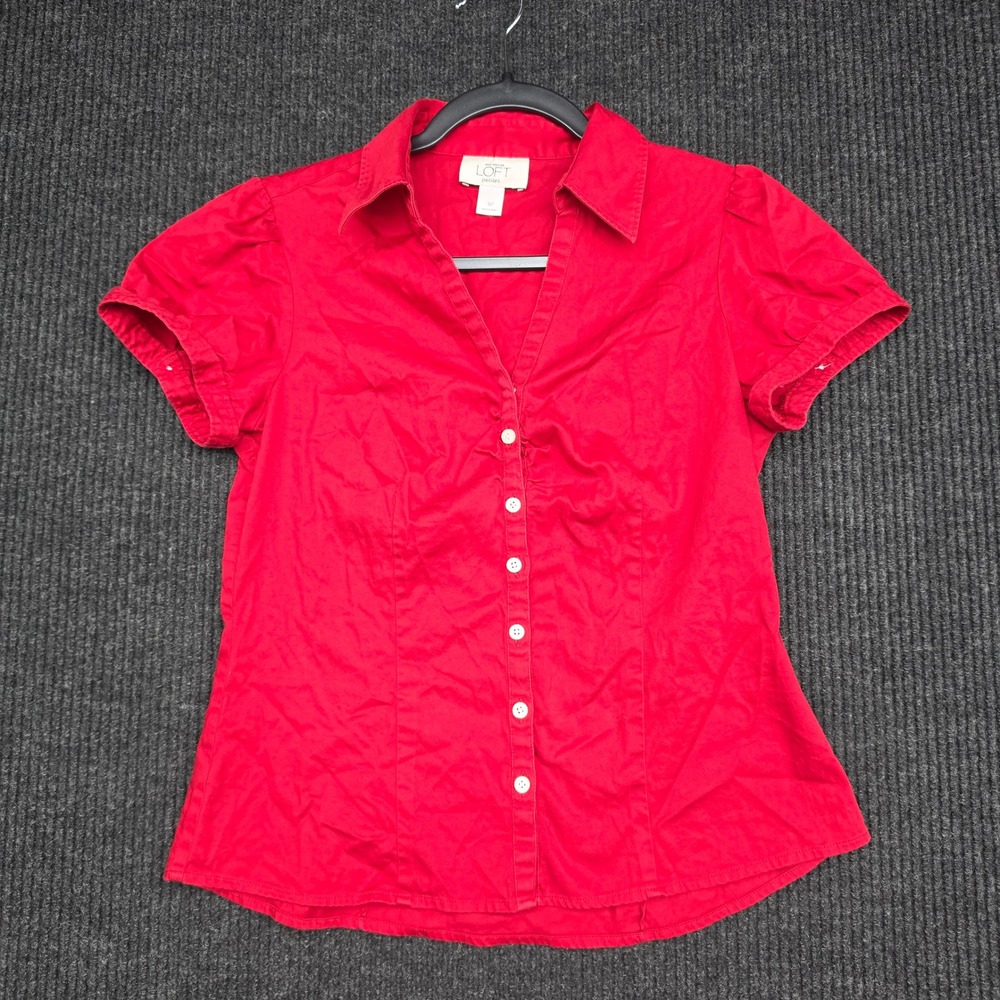 Ann Taylor Loft Petites Red Short Sleeve Button Down Shirt SP Cotton Blend